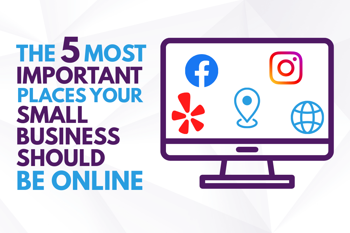 Computer screen with social icons and blog title "The 5 Most Important Places Your Small Business Should Be Online"