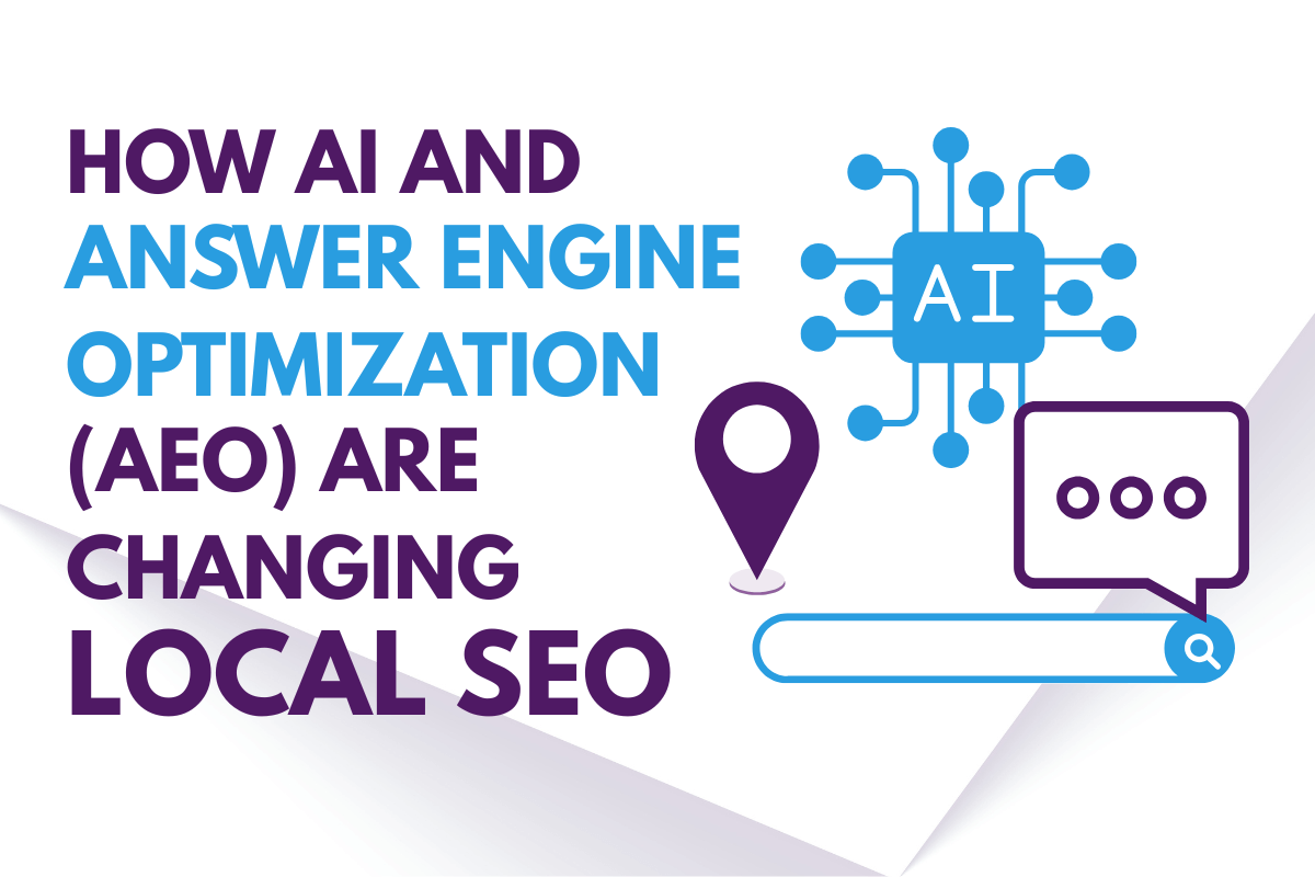 Illustration showing AI chip, search bar, location icon, and speech bubble with text 'How AI and Answer Engine Optimization (AEO) Are Changing Local SEO' to represent evolving search technology.