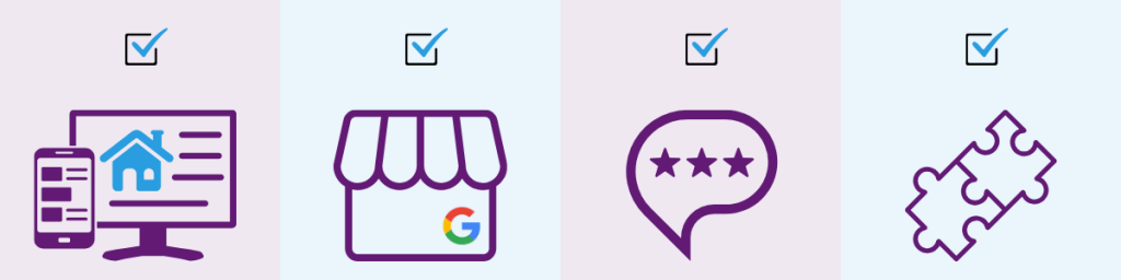 Four-panel graphic showing a website, Google Business Profile, customer reviews, and a puzzle piece representing alignment and a consistent online presence for a small business.