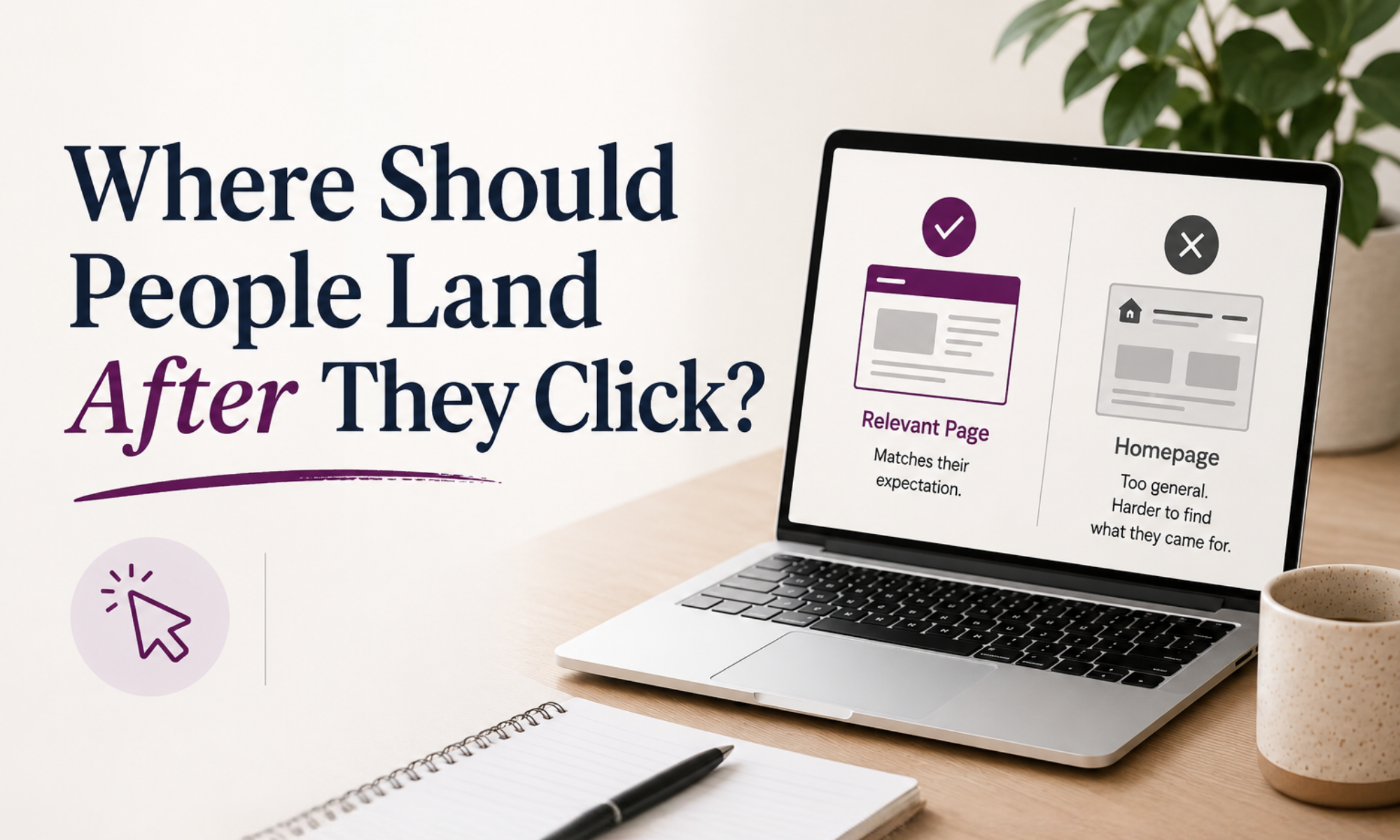 Laptop displaying a comparison between a relevant landing page and a generic homepage beneath the heading "Where Should People Land After They Click?
